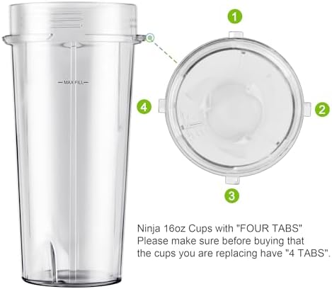 2-Pack 16oz Ninja Blender Replacement Cups with Sip Lids, Blender Replacement Parts Compatible with Nutri Ninja Blender BL770 BL780 BL660