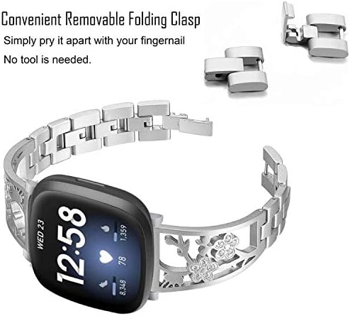 Stainless Steel Bracelet Compatible with Fitbit Sense 2/Sense/Versa 4/Versa 3, Women Bling Replacement Bands Dressy Luxurious Wristbands for Ladies