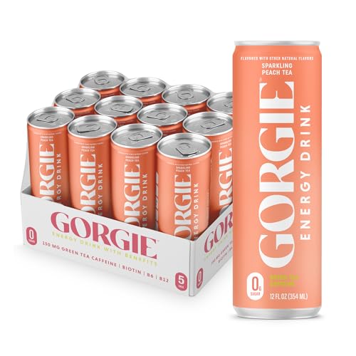 GORGIE Sugar Free Natural Energy Drinks, Sparkling Peach Tea (12 Pack) - Healthy Energy Drinks - Natural Coffee Replacement with Green Tea Caffeine and Biotin - 150mg Caffeine, Vegan, & Low Calorie