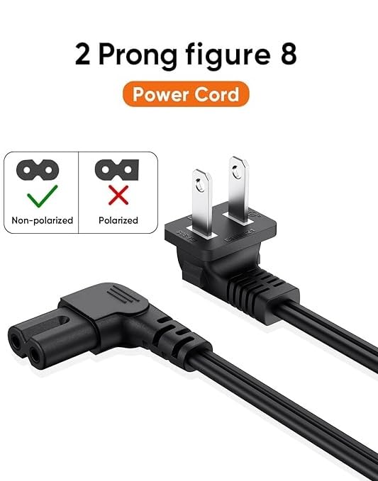 Power Cord for LG TV 2-Prong L-Shaped AC Power Cord 24" 28" 32" 40" 43" 48" 49" 50" 55" 60" 65" 75" 80" 85" 55LH575A Smart 4K TV, Compatible for Samsung TV, Sony, Sharp Panasonic, TCL TV Replacement