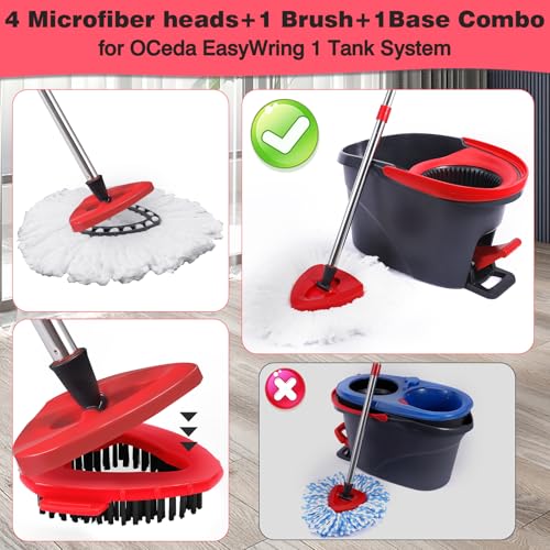 Mop Replacement Heads 4 Pcs & 1 Scrub Brush & 1 Base Set for Ocedar Easywring 1-Tank System,Microfiber Spin Mop Replacement Head,Machine Washable for Bathroom,Kitchen,Tub and Tile