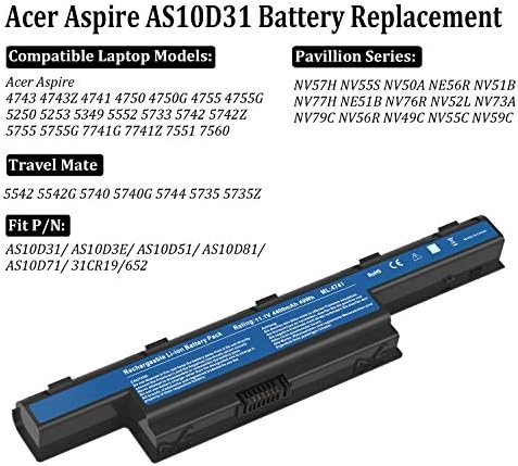 AS10D31 AS10D51 Notebook Battery Replacement Compatible with Acer Aspire 5253 5251 5336 5349 5551 5552 5560 5733 5733Z 5740 5735 5735Z, Gateway NV55C NV50A NV53A NV59C