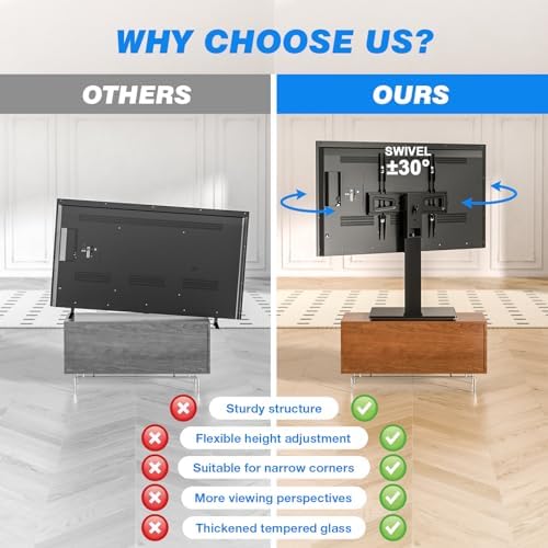 Rfiver Universal Swivel TV Stand Table Top TV Stand for 32-65,70,75 Inch LCD LED TV up to 110 lbs -Height Adjustable Center Pedestal Stand Replacement with Heavy Duty Tempered Glass Base