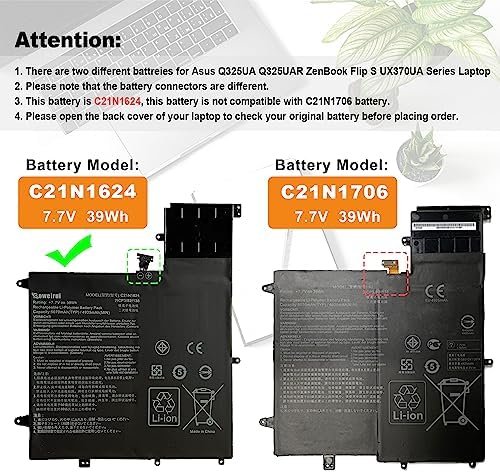 C21N1624 Battery Replacement for Asus Q325UA Q325UAR UX370UA-C4061T Q325U-BI7T18 ZenBook Flip S UX370UA UX370UA-1A 1B UX370UA-C4129T C4061T C4072T C4093T C4104T Series 0B200-02420000 39Wh