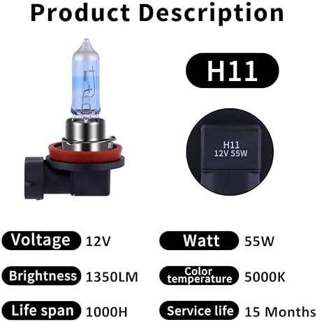 H11 Headlight Bulb H11 Halogen Bulb 5000K Super White Light Long Life Replacement PGJ19-2 12V/55W (H11, 2 Pack)