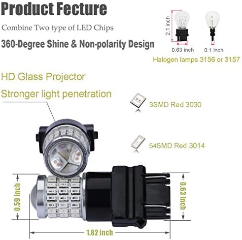 iBrightstar 9-30V Super Bright Low Power Dual Brightness 3157 3156 3056 3057 LED Bulbs with Projector Replacement for Tail Brake Lights, Brilliant Red