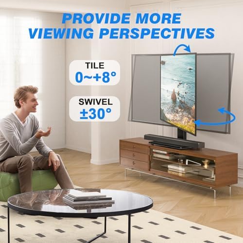 Rfiver Universal Swivel TV Stand Table Top TV Stand for 32-65,70,75 Inch LCD LED TV up to 110 lbs -Height Adjustable Center Pedestal Stand Replacement with Heavy Duty Tempered Glass Base