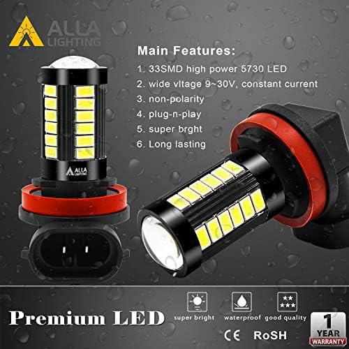 Alla Lighting Super Bright H8 H11 LED Fog Lights Bulbs or DRL, 6000K Xenon White H16 H11LL H8LL H1155 Replacement, 2800Lms 5730 33-SMD 12V for Cars, Trucks, SUVs, Vans