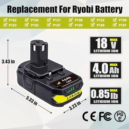 FSKE 2Pack 4.0Ah Lithium Battery Replacement for Ryobi 18V Battery ONE+ P108 P102 P103 P104 P105 P107 P108 P109 P190 P191 P122