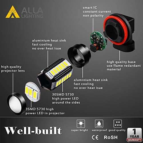 Alla Lighting Super Bright H8 H11 LED Fog Lights Bulbs or DRL, 6000K Xenon White H16 H11LL H8LL H1155 Replacement, 2800Lms 5730 33-SMD 12V for Cars, Trucks, SUVs, Vans