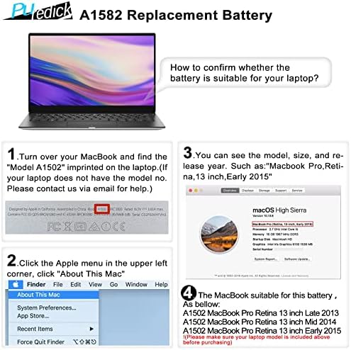 A1582 A1502 Battery, Replacement Battery A1502 for MacBook Pro 13 inch Retina [ Early 2015, Mid 2014, Late 2013 ] A1493 - High-Performance and Longevity [11.36V 74.9Wh 18Months Warranty]