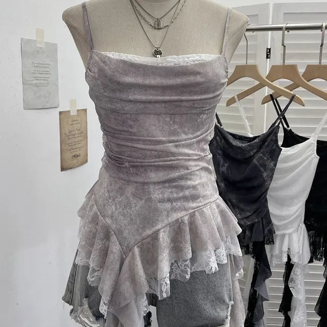 Allinya - Asymmetrical Ruffle Trim Lace Panel Mesh Slim Fit Camisole Top